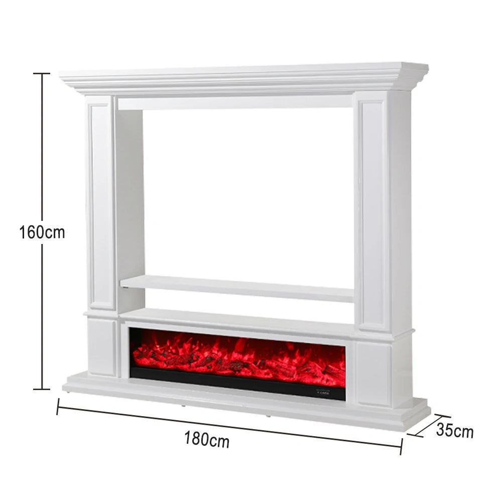 LIVARA 715 Electric Fireplace TV Cabinet – 180cm White Solid Wood Frame, 3D Flame Effect, Remote Control, Dual Core Options 12W/750–1500W - White