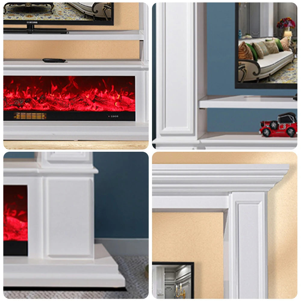 LIVARA 715 Electric Fireplace TV Cabinet – 180cm White Solid Wood Frame, 3D Flame Effect, Remote Control, Dual Core Options 12W/750–1500W - White