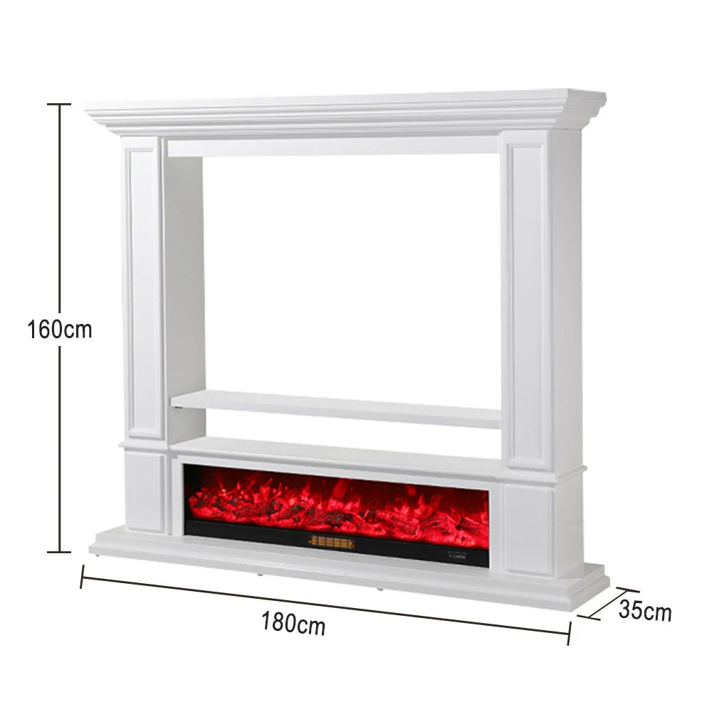 LIVARA 715 Electric Fireplace TV Cabinet – 180cm White Solid Wood Frame, 3D Flame Effect, Remote Control, Dual Core Options 12W/750–1500W - White