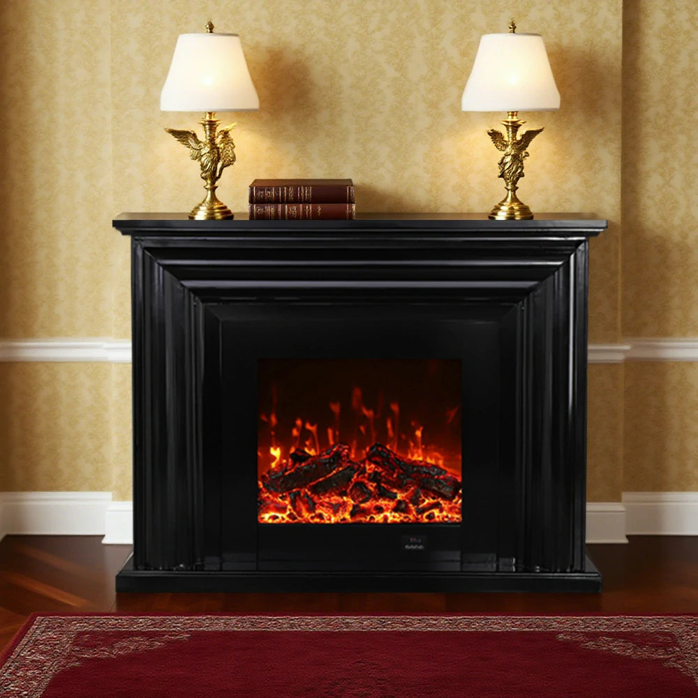 LIVARA 717 Electric Fireplace TV Cabinet – 180cm White Solid Wood Frame, 3D Flame Effect, Remote Control, Dual Core Options 12W/750–1500W - Black