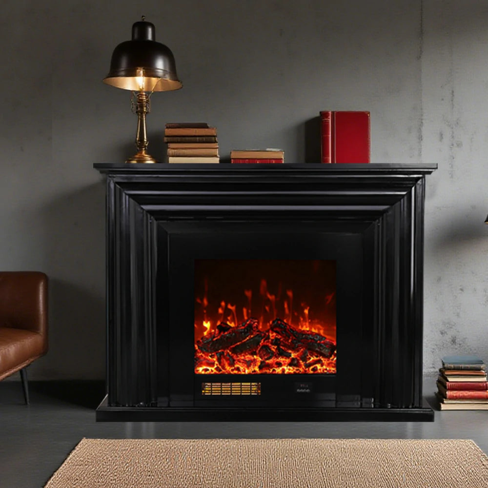 LIVARA 717 Electric Fireplace TV Cabinet – 180cm White Solid Wood Frame, 3D Flame Effect, Remote Control, Dual Core Options 12W/750–1500W - Black