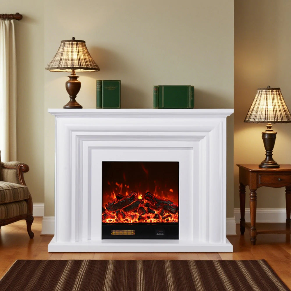 LIVARA 717 Electric Fireplace TV Cabinet – 180cm White Solid Wood Frame, 3D Flame Effect, Remote Control, Dual Core Options 12W/750–1500W - White