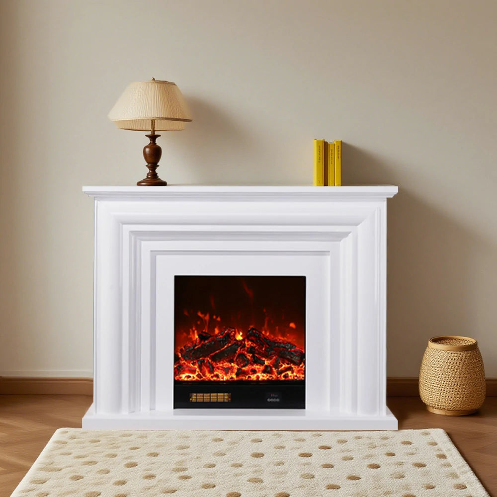 LIVARA 717 Electric Fireplace TV Cabinet – 180cm White Solid Wood Frame, 3D Flame Effect, Remote Control, Dual Core Options 12W/750–1500W - White