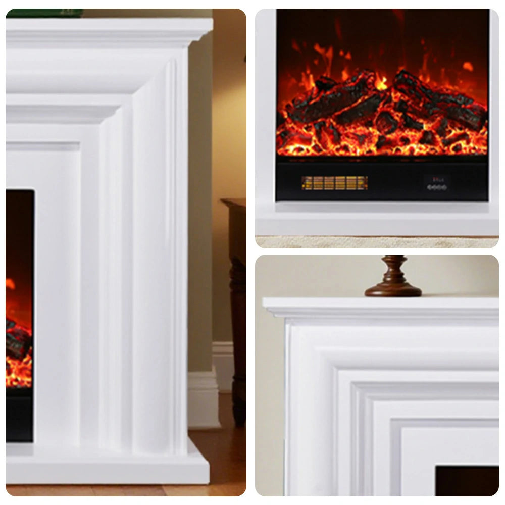 LIVARA 717 Electric Fireplace TV Cabinet – 180cm White Solid Wood Frame, 3D Flame Effect, Remote Control, Dual Core Options 12W/750–1500W - White