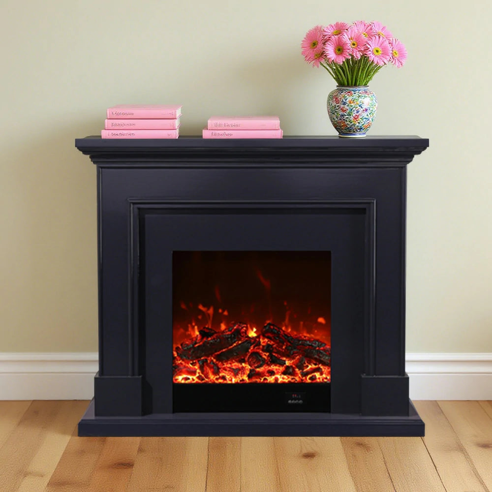 LIVARA 718 Electric Fireplace TV Cabinet – 180cm White Solid Wood Frame, 3D Flame Effect, Remote Control, Dual Core Options 12W/750–1500W - Black