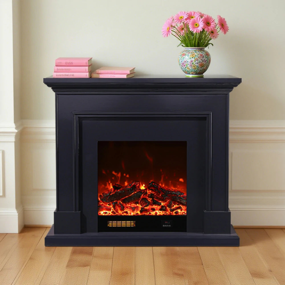 LIVARA 718 Electric Fireplace TV Cabinet – 180cm White Solid Wood Frame, 3D Flame Effect, Remote Control, Dual Core Options 12W/750–1500W - Black