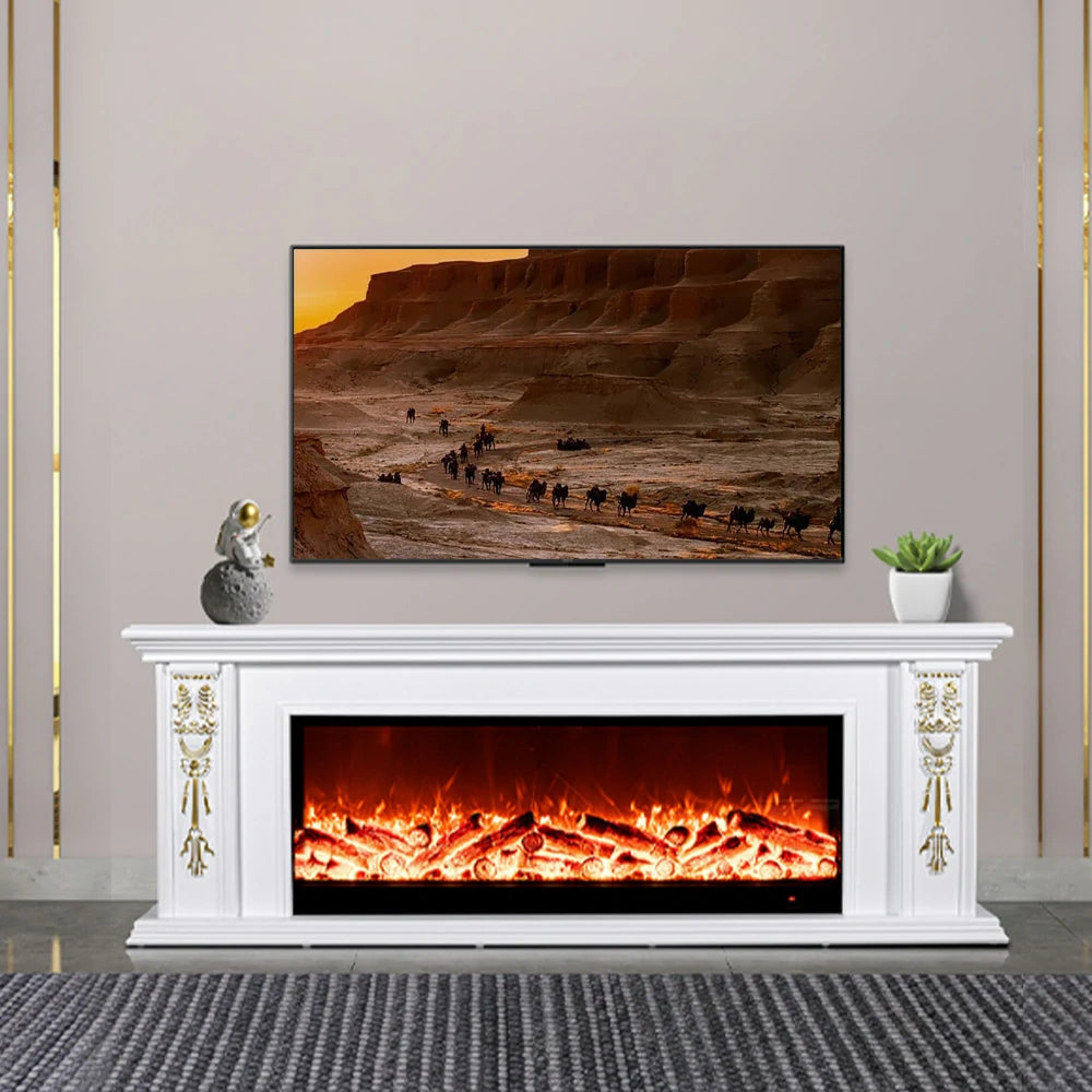 LIVARA 720B Electric Fireplace TV Cabinet – 180cm White Solid Wood Frame, 3D Flame Effect, Remote Control, Dual Core Options 12W/750–1500W