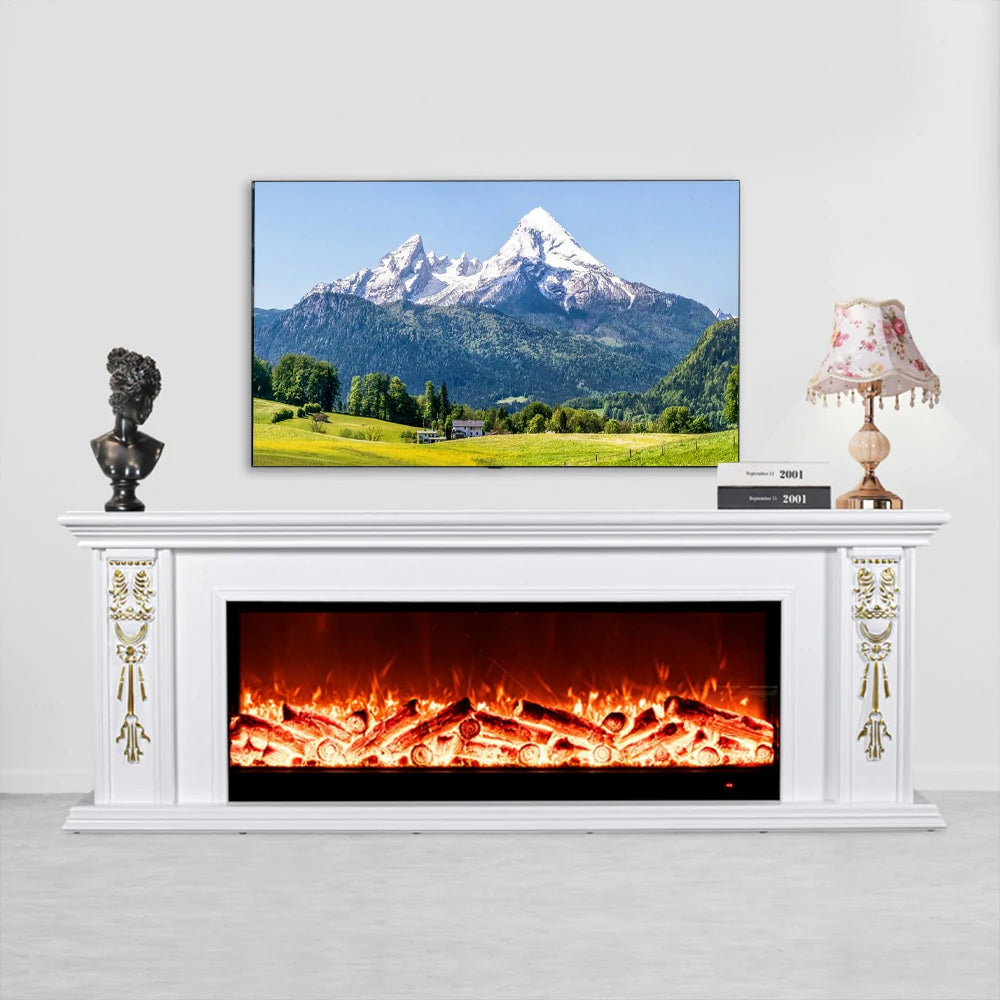 LIVARA 720B Electric Fireplace TV Cabinet – 180cm White Solid Wood Frame, 3D Flame Effect, Remote Control, Dual Core Options 12W/750–1500W