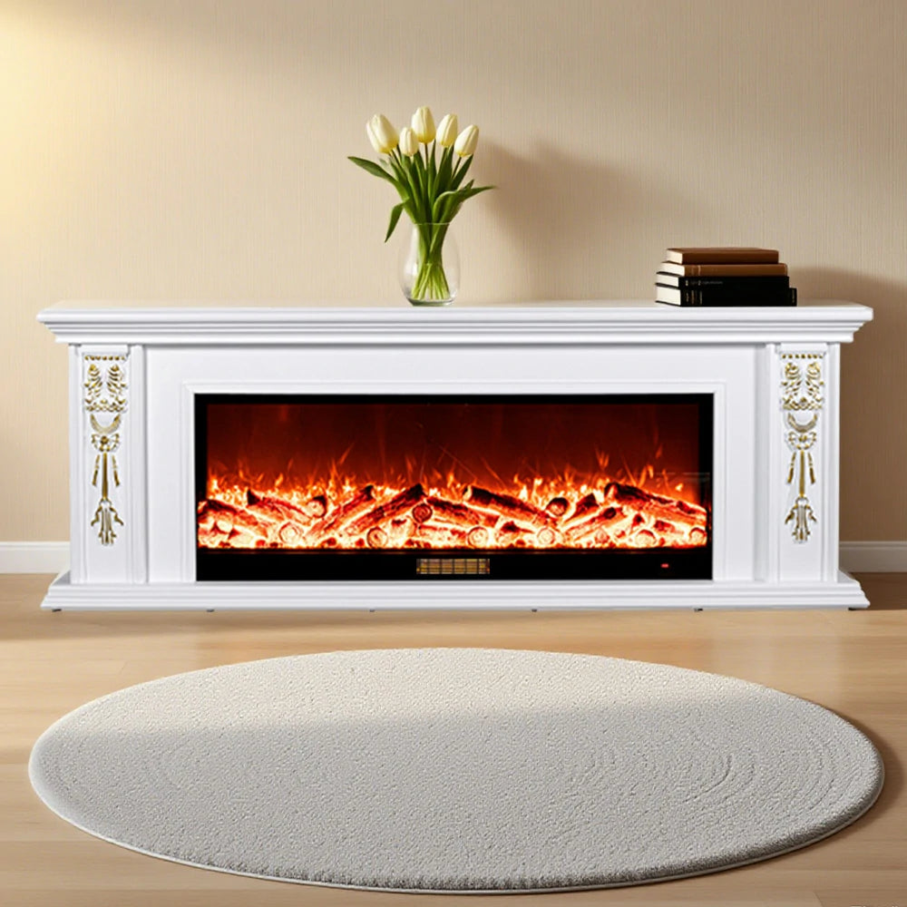 LIVARA 720B Electric Fireplace TV Cabinet – 180cm White Solid Wood Frame, 3D Flame Effect, Remote Control, Dual Core Options 12W/750–1500W