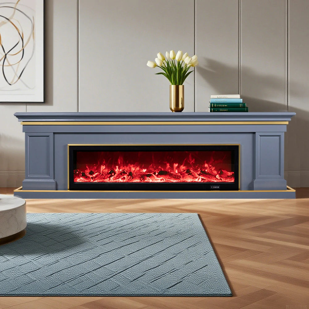 LIVARA 721 Electric Fireplace TV Cabinet – 180cm White Solid Wood Frame, 3D Flame Effect, Remote Control, Dual Core Options 12W/750–1500W - Grey