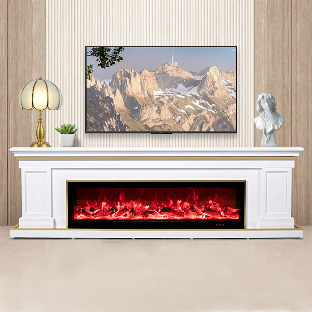 LIVARA 721 Electric Fireplace TV Cabinet – 180cm White Solid Wood Frame, 3D Flame Effect, Remote Control, Dual Core Options 12W/750–1500W - White