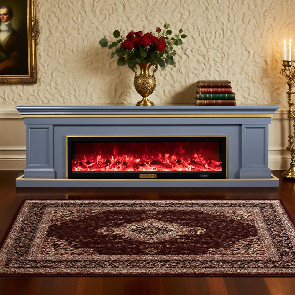 LIVARA 721 Electric Fireplace TV Cabinet – 180cm White Solid Wood Frame, 3D Flame Effect, Remote Control, Dual Core Options 12W/750–1500W - Grey