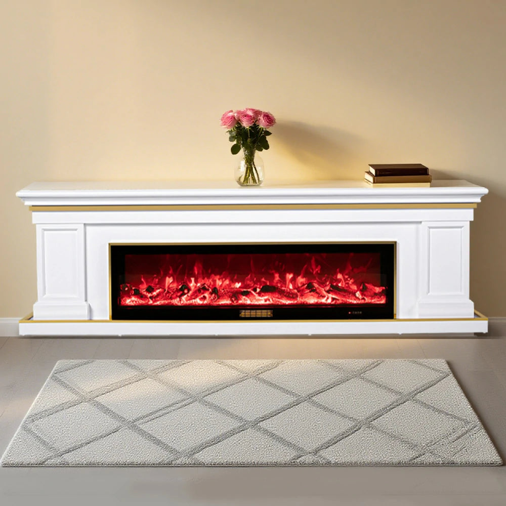 LIVARA 721 Electric Fireplace TV Cabinet – 180cm White Solid Wood Frame, 3D Flame Effect, Remote Control, Dual Core Options 12W/750–1500W - White