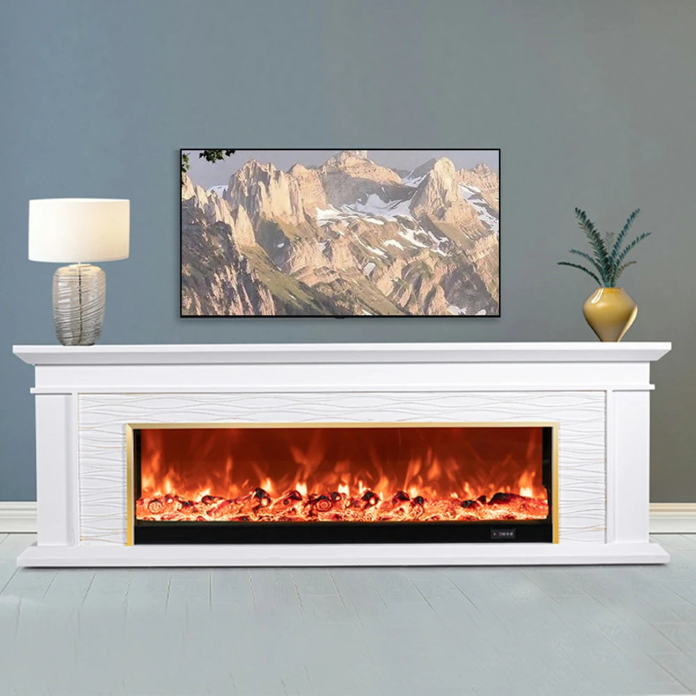 LIVARA 726 Electric Fireplace TV Cabinet – 180cm White Solid Wood Frame, 3D Flame Effect, Remote Control, Dual Core Options 12W/750–1500W