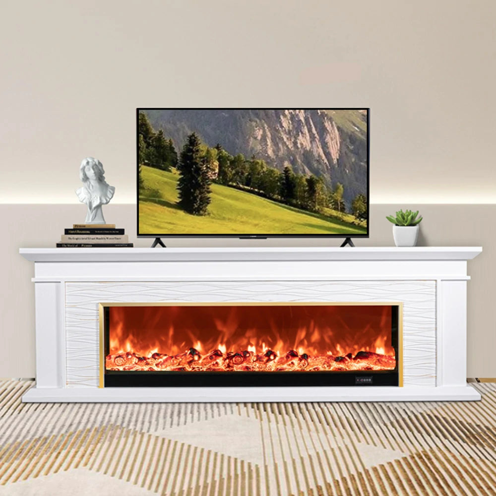 LIVARA 726 Electric Fireplace TV Cabinet – 180cm White Solid Wood Frame, 3D Flame Effect, Remote Control, Dual Core Options 12W/750–1500W