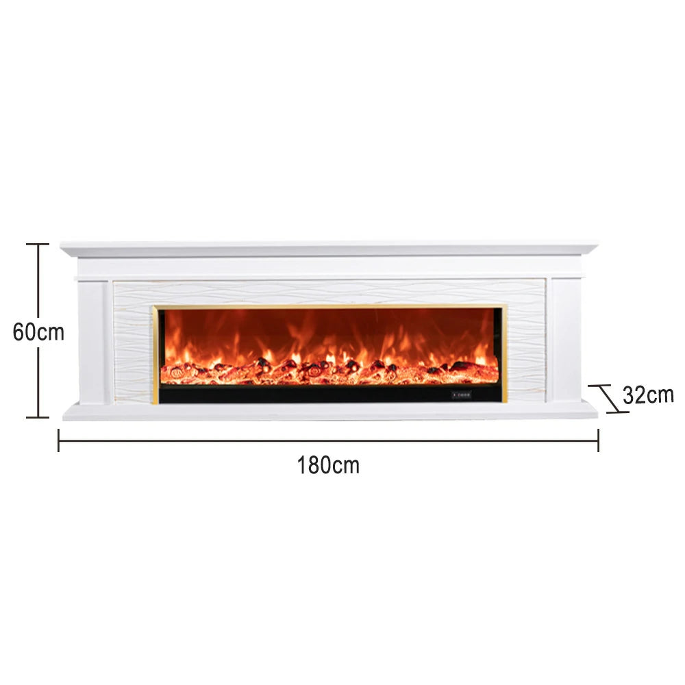 LIVARA 726 Electric Fireplace TV Cabinet – 180cm White Solid Wood Frame, 3D Flame Effect, Remote Control, Dual Core Options 12W/750–1500W