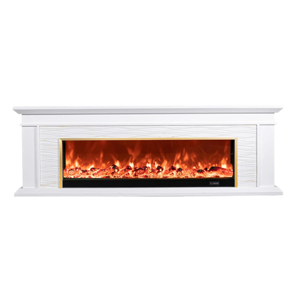LIVARA 726 Electric Fireplace TV Cabinet – 180cm White Solid Wood Frame, 3D Flame Effect, Remote Control, Dual Core Options 12W/750–1500W