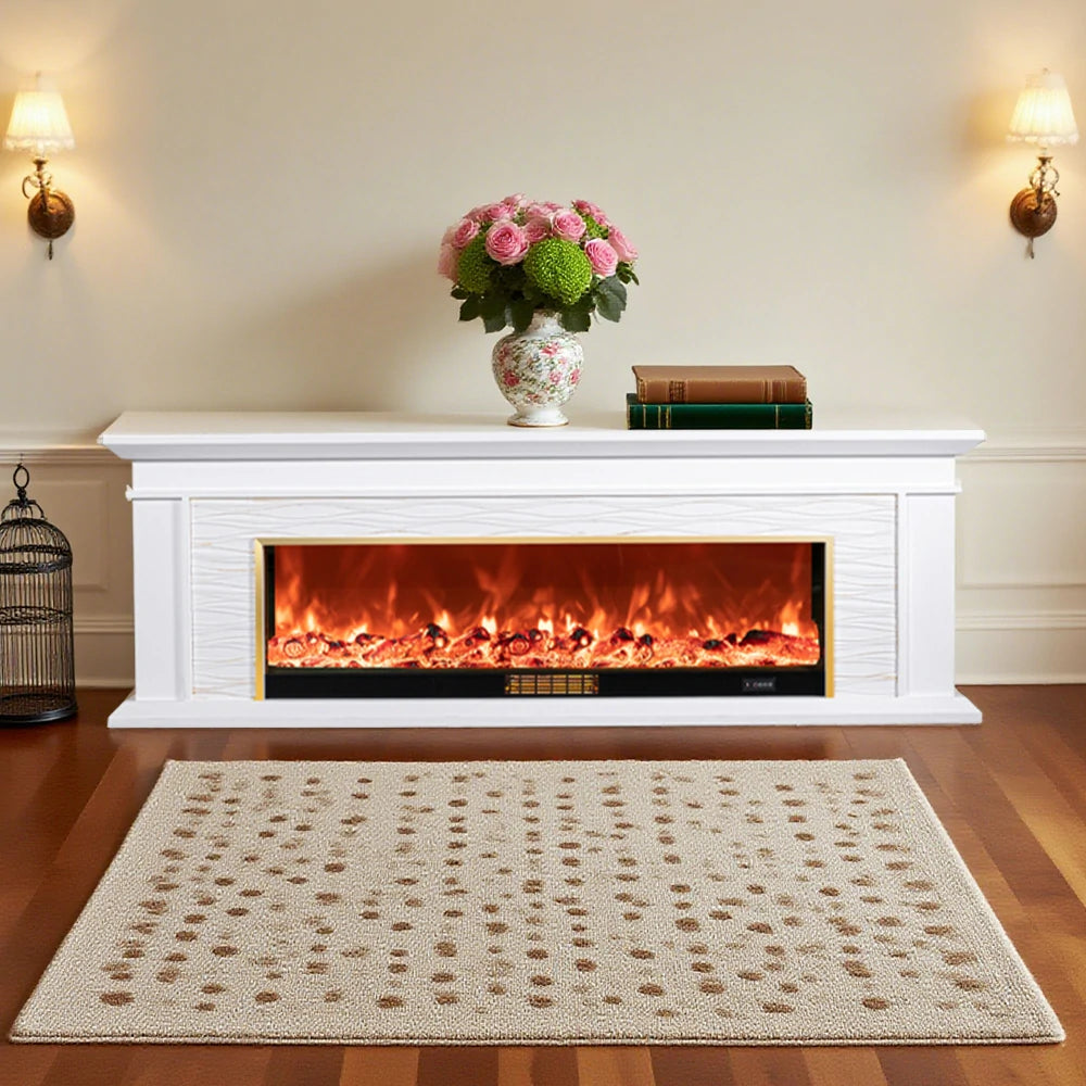 LIVARA 726 Electric Fireplace TV Cabinet – 180cm White Solid Wood Frame, 3D Flame Effect, Remote Control, Dual Core Options 12W/750–1500W