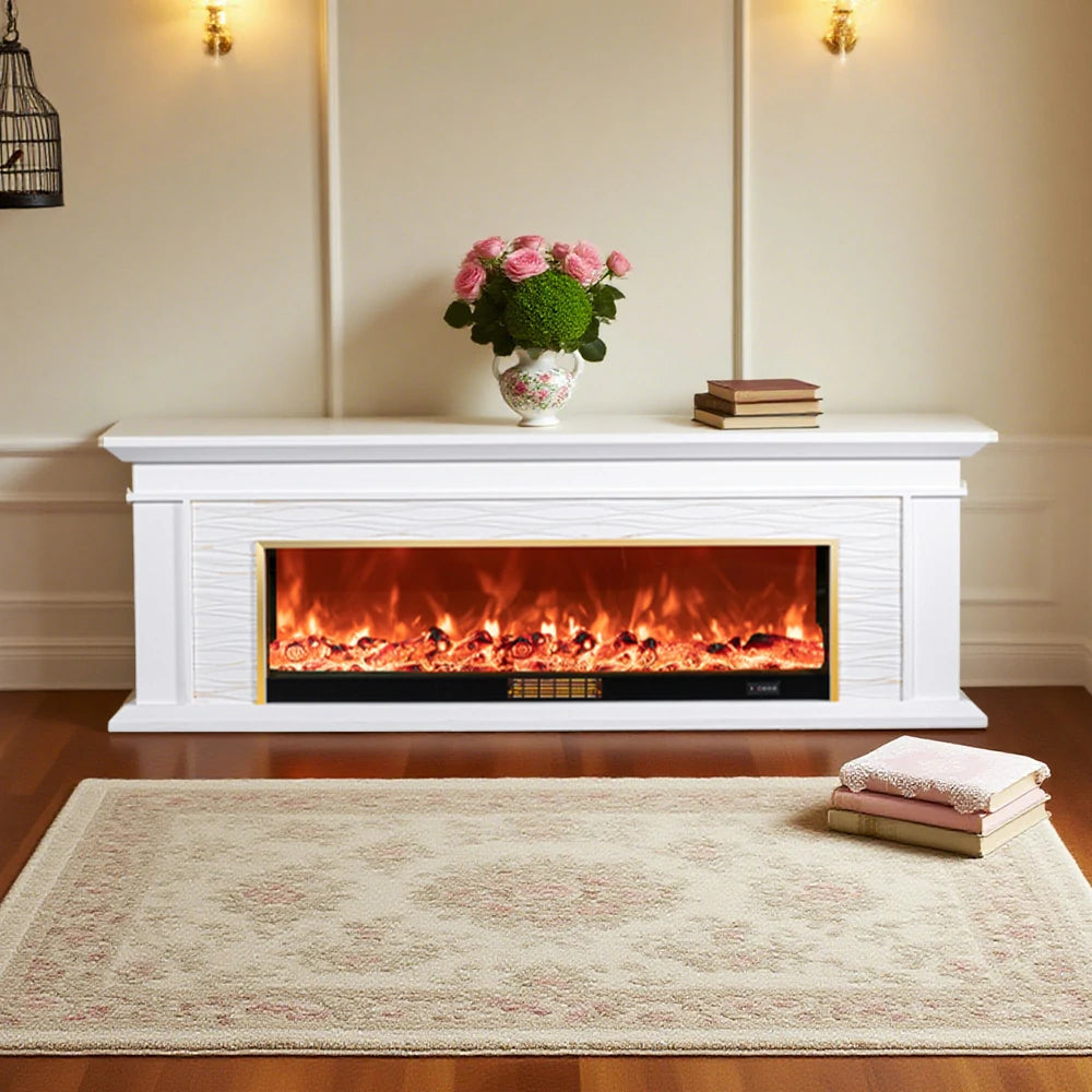 LIVARA 726 Electric Fireplace TV Cabinet – 180cm White Solid Wood Frame, 3D Flame Effect, Remote Control, Dual Core Options 12W/750–1500W