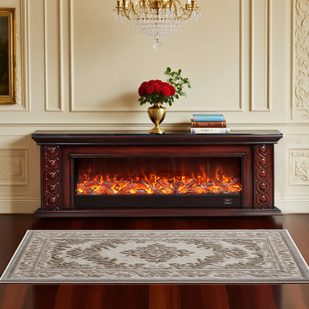 LIVARA 742 Electric Fireplace TV Cabinet – 180cm Solid Wood Frame, 3D Flame Effect, Remote Control, Dual Core Options 12W/750–1500W - Brown