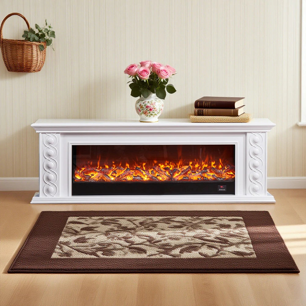 LIVARA 742 Electric Fireplace TV Cabinet – 180cm Solid Wood Frame, 3D Flame Effect, Remote Control, Dual Core Options 12W/750–1500W - White