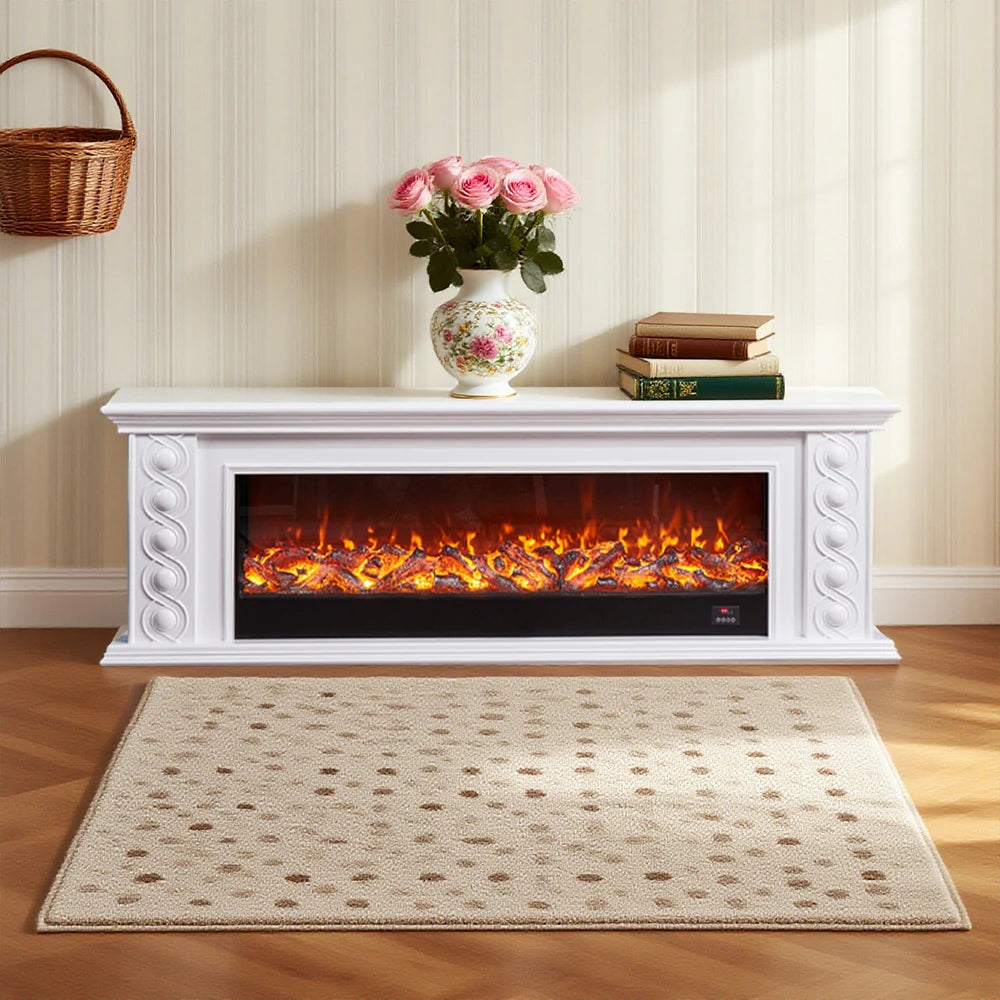 LIVARA 742 Electric Fireplace TV Cabinet – 180cm Solid Wood Frame, 3D Flame Effect, Remote Control, Dual Core Options 12W/750–1500W - White