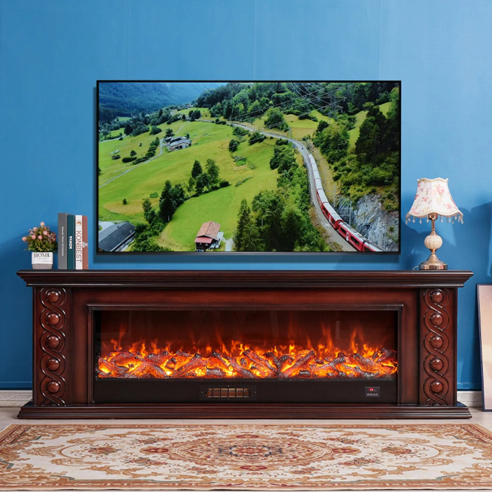 LIVARA 742 Electric Fireplace TV Cabinet – 180cm Solid Wood Frame, 3D Flame Effect, Remote Control, Dual Core Options 12W/750–1500W - Brown