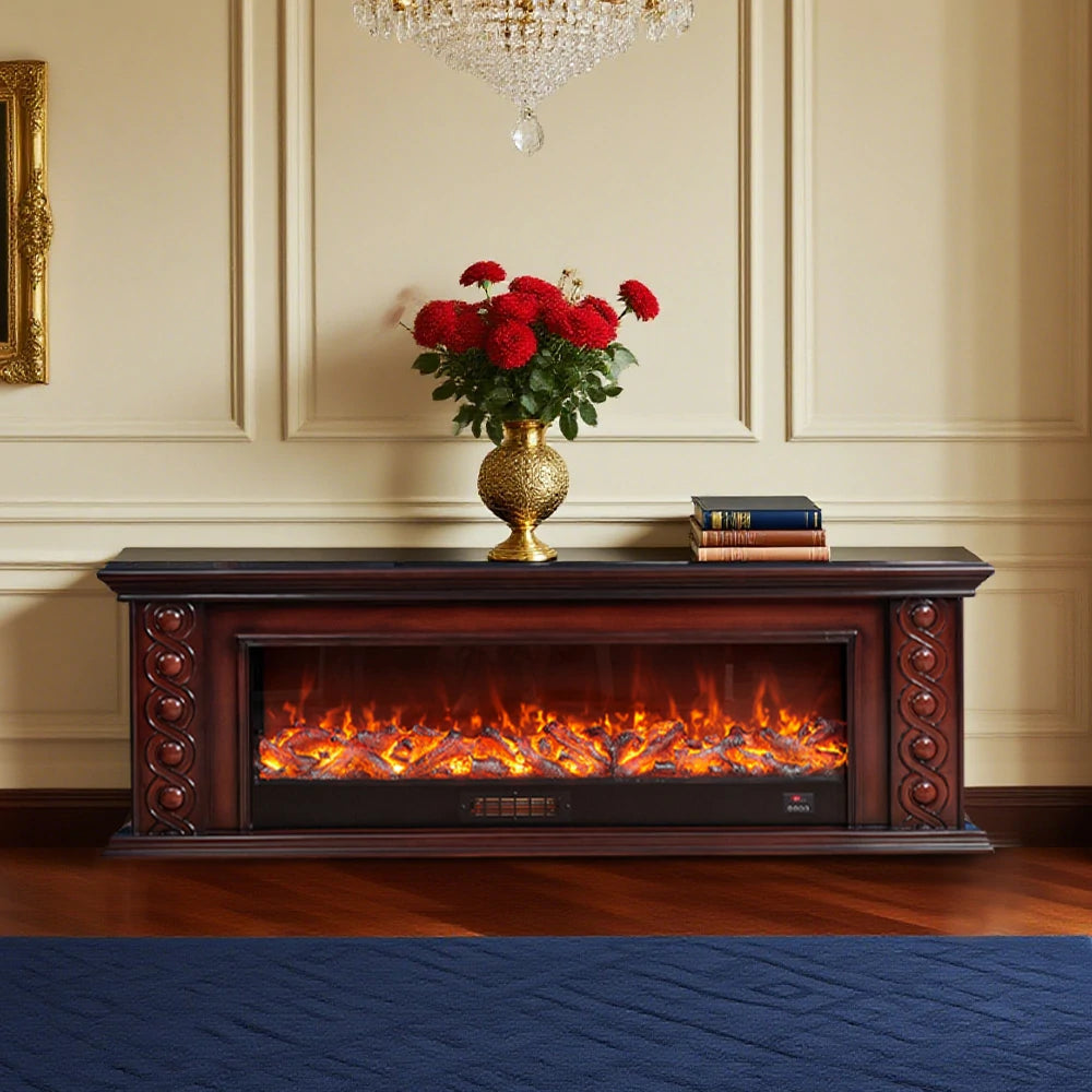 LIVARA 742 Electric Fireplace TV Cabinet – 180cm Solid Wood Frame, 3D Flame Effect, Remote Control, Dual Core Options 12W/750–1500W - Brown