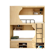 LUXORA Dormitory Bunk Bed – 90/120cm Crescent Design, Eco-Friendly Board, Built-In Storage Cabinets & Shelves, Safe Guardrails with Ladder - Natural Wood