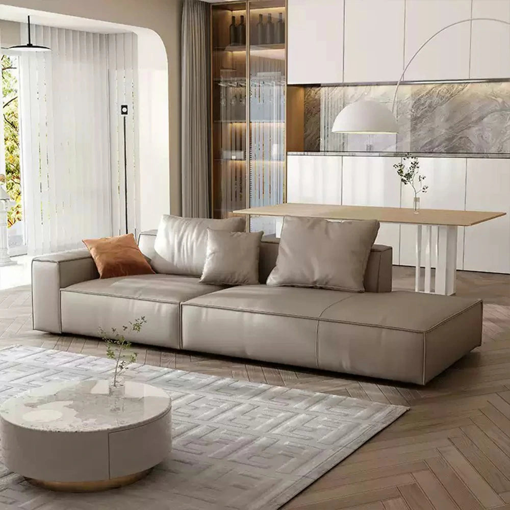 LIVARA 218cm Single-Arm Sofa, Top-Grain Leather Upholstery, Down & Silk Cotton Backrest, Ergonomic Curved Design, Wide Armrest, Soft & Supportive Comfort - Grey