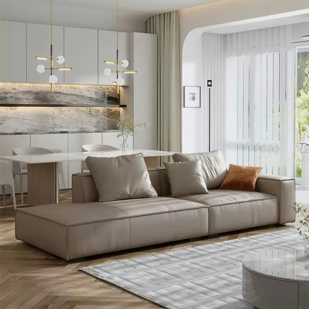 LIVARA 218cm Single-Arm Sofa, Top-Grain Leather Upholstery, Down & Silk Cotton Backrest, Ergonomic Curved Design, Wide Armrest, Soft & Supportive Comfort - Grey