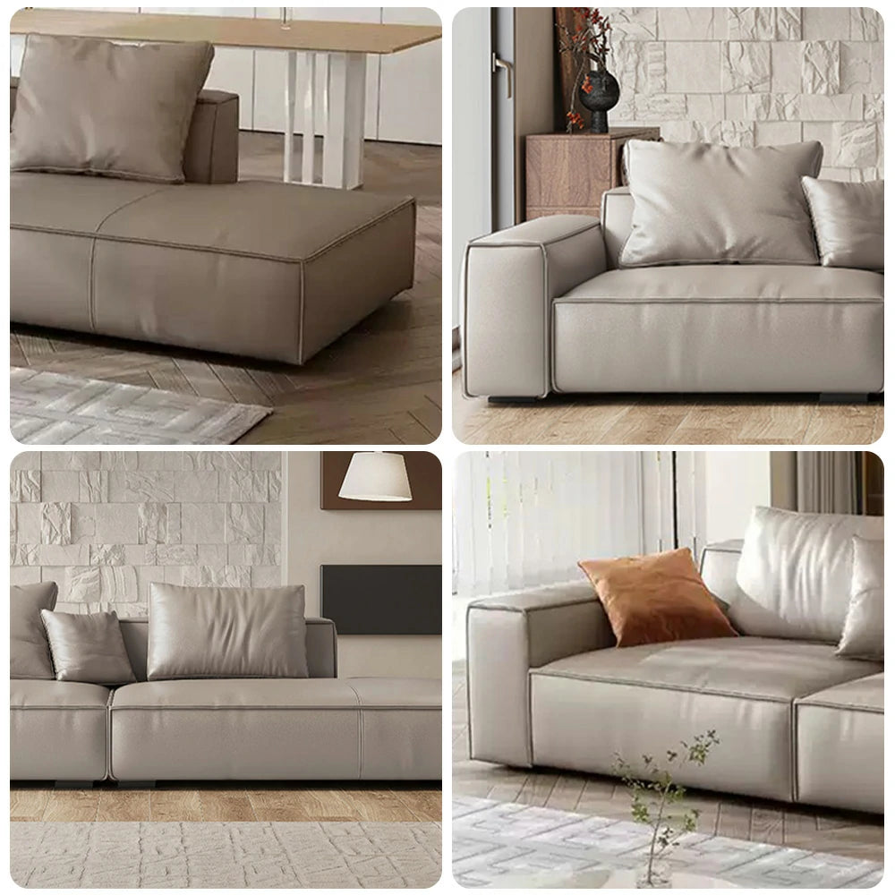 LIVARA 218cm Single-Arm Sofa, Top-Grain Leather Upholstery, Down & Silk Cotton Backrest, Ergonomic Curved Design, Wide Armrest, Soft & Supportive Comfort - Grey