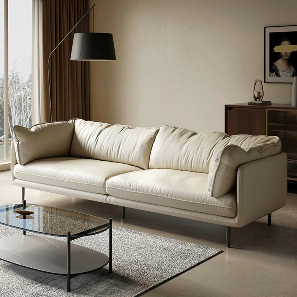LIVARA 218cm 3-Seater Sofa, Top-Grain Leather Upholstery, Washable Latex & Sponge Cushion, Ergonomic Curved Design, Upgraded Solid Wood Frame - Beige