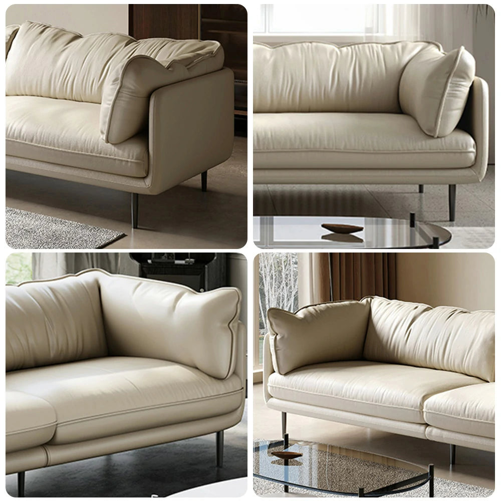 LIVARA 218cm 3-Seater Sofa, Top-Grain Leather Upholstery, Washable Latex & Sponge Cushion, Ergonomic Curved Design, Upgraded Solid Wood Frame - Beige