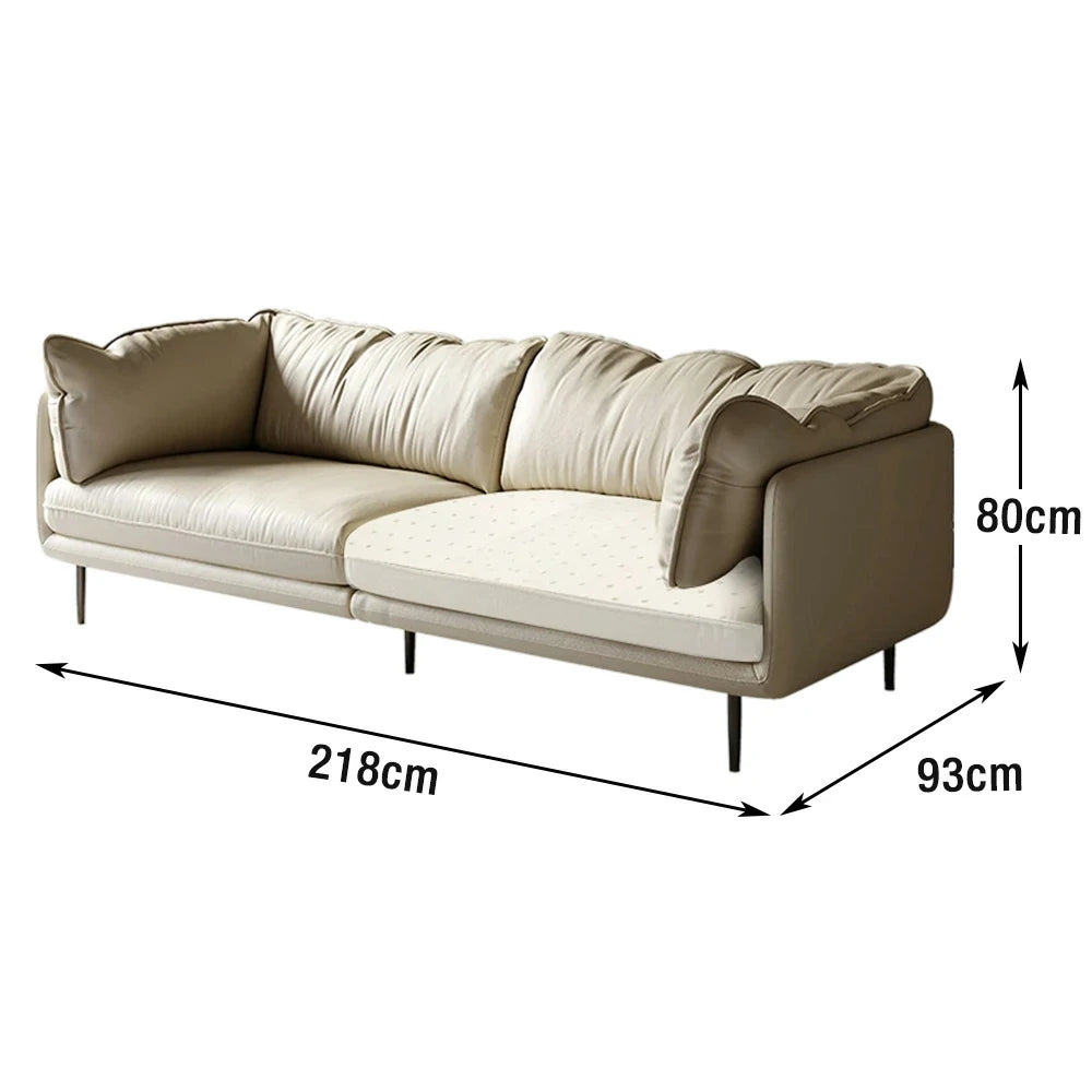 LIVARA 218cm 3-Seater Sofa, Top-Grain Leather Upholstery, Washable Latex & Sponge Cushion, Ergonomic Curved Design, Upgraded Solid Wood Frame - Beige