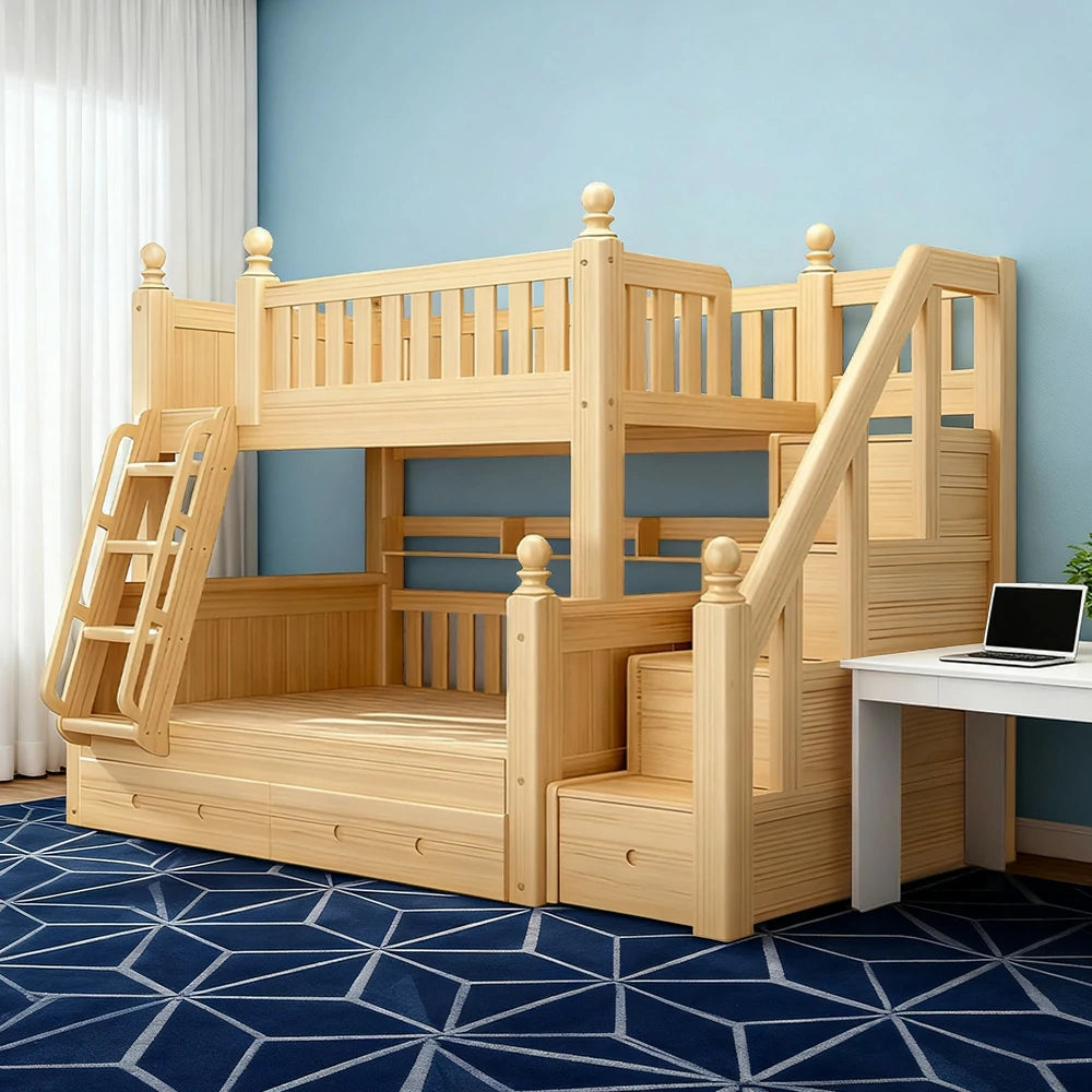 LUXORA Solid Wood Bunk Bed with Storage Staircase - 120/130cm, Dual-Ladder Luxury Design, Safe Guardrails, Durable Frame
