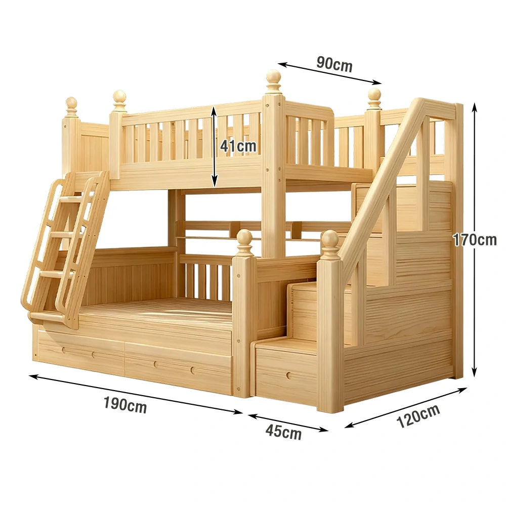 LUXORA Solid Wood Bunk Bed with Storage Staircase - 120/130cm, Dual-Ladder Luxury Design, Safe Guardrails, Durable Frame
