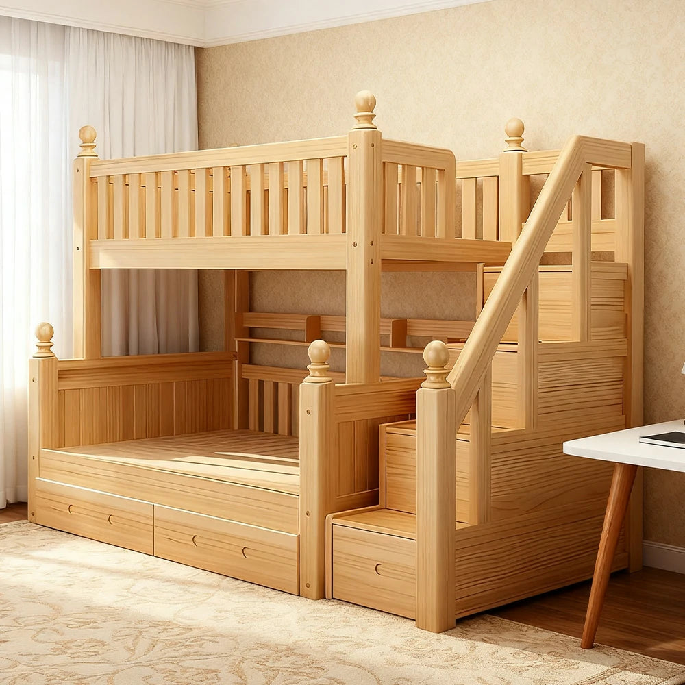 LUXORA Solid Wood Bunk Bed with Storage Staircase – 120/130cm Safe Guardrails & Durable Frame
