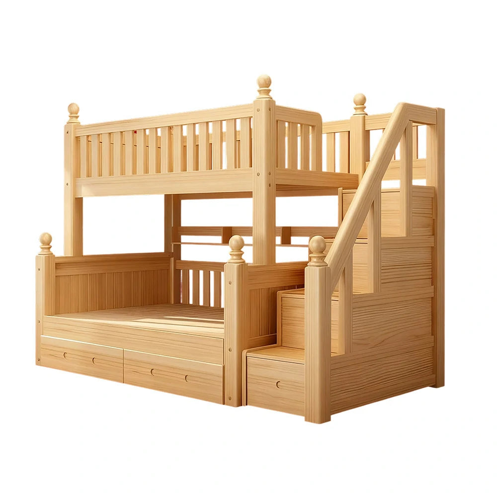 LUXORA Solid Wood Bunk Bed with Storage Staircase – 120/130cm Safe Guardrails & Durable Frame
