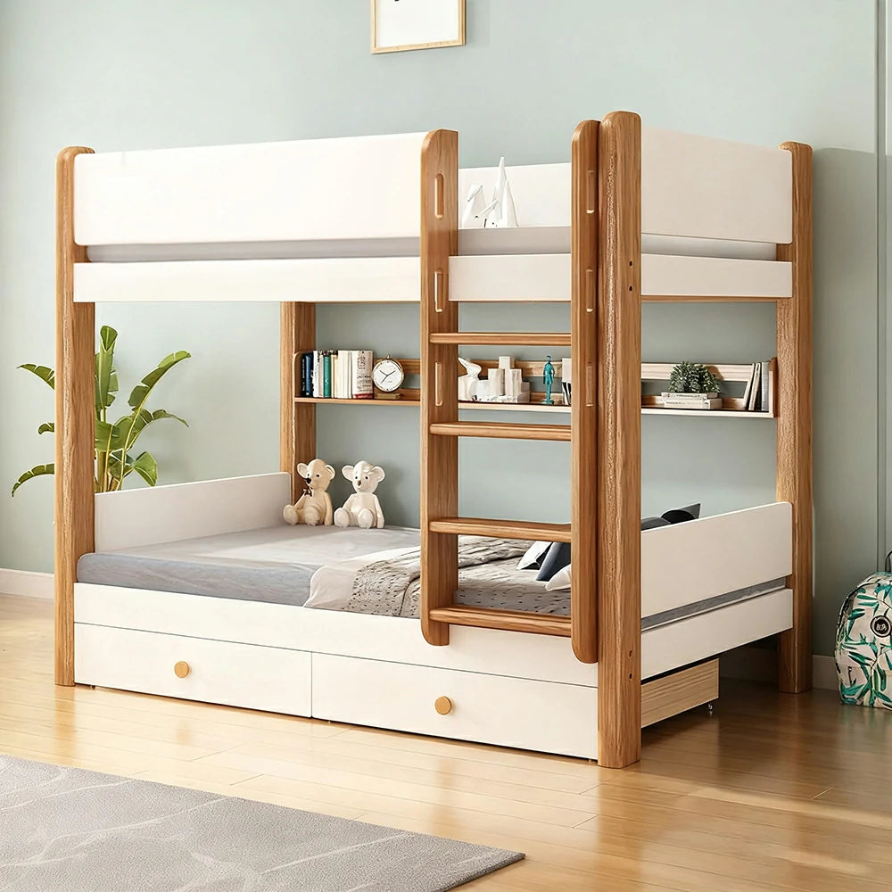 LUXORA Bunk Bed with Dual Drawers, Bookshelf & 2 Mattresses – Eco-Friendly Solid Wood, Safe 41cm Guardrails, Flexible Ladder Placement - White