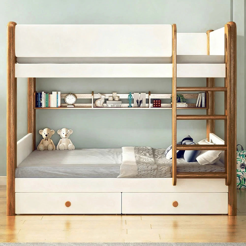 LUXORA Bunk Bed with Dual Drawers, Bookshelf & 2 Mattresses – Eco-Friendly Solid Wood, Safe 41cm Guardrails, Flexible Ladder Placement - White