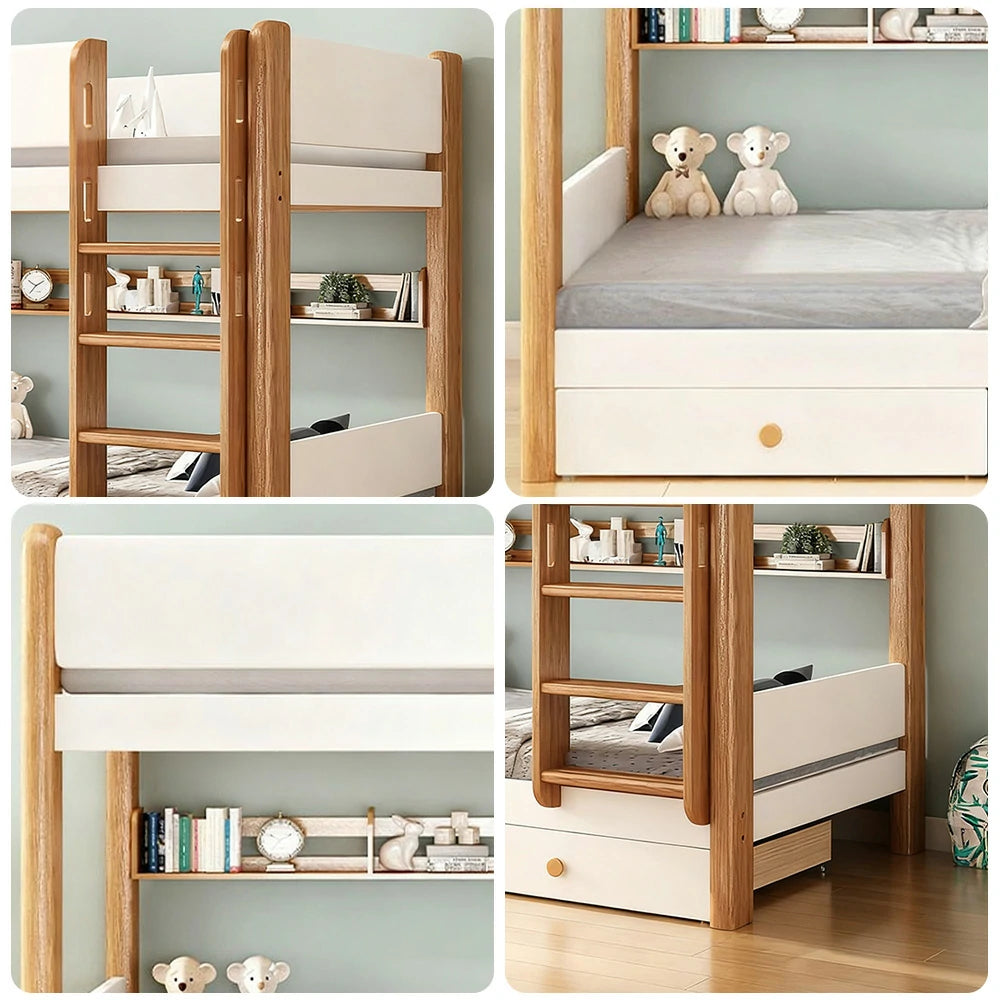 LUXORA Bunk Bed with Dual Drawers, Bookshelf & 2 Mattresses – Eco-Friendly Solid Wood, Safe 41cm Guardrails, Flexible Ladder Placement - White
