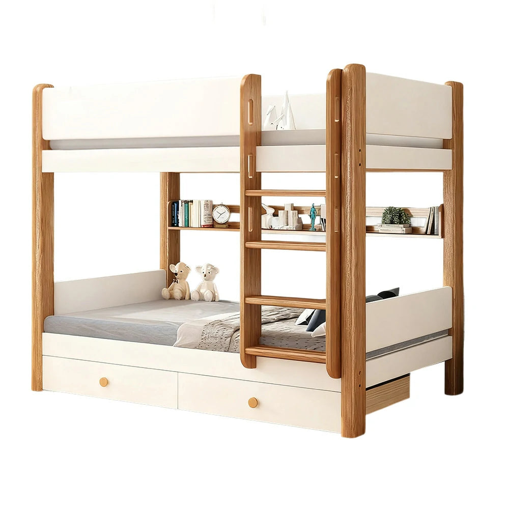 LUXORA Bunk Bed with Dual Drawers, Bookshelf & 2 Mattresses – Eco-Friendly Solid Wood, Safe 41cm Guardrails, Flexible Ladder Placement - White