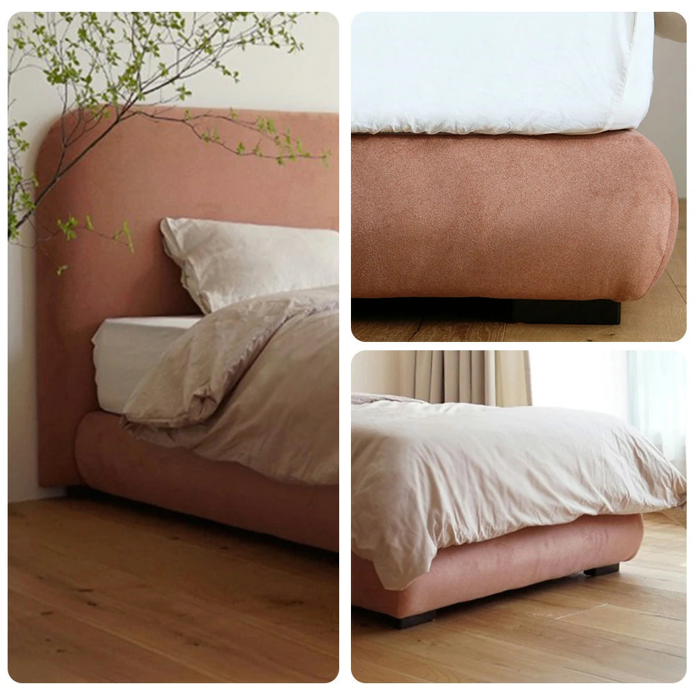 LUXORA Upholstered Bed Frame 150/180cm, Cotton-Linen Fabric & Solid Wood, High-Density Sponge Headboard - Pink