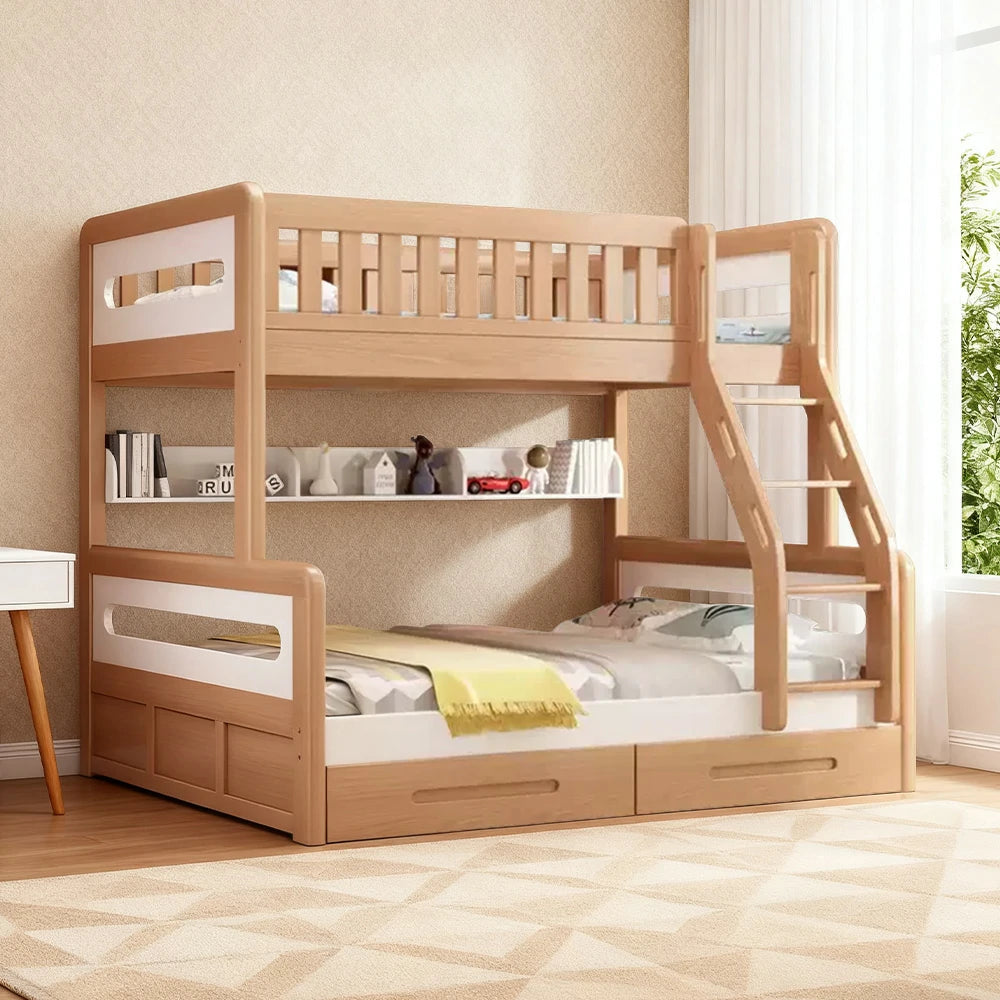 LUXORA Solid Wood Bunk Bed with Dual Drawers & Bookshelf - Lower 150cm, Upper 120cm, Durable Frame with Staircase Ladder - Natural Finish