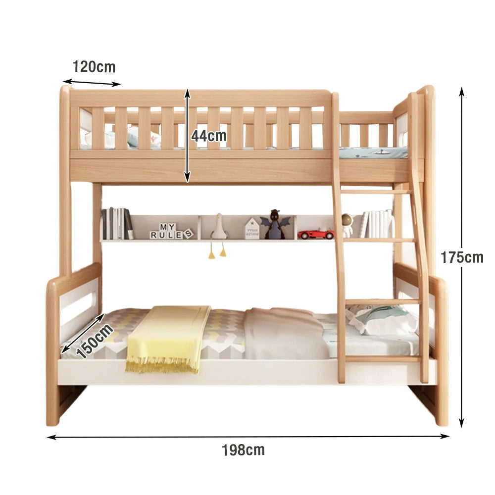 LUXORA Solid Wood Bunk Bed with Dual Drawers & Bookshelf - Lower 150cm, Upper 120cm, Durable Frame with Staircase Ladder - Natural Finish