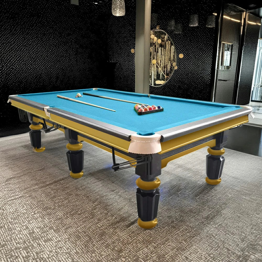 QUESLA 4.5cm Thickness Slate 9FT Steel Handrail Luxury Pool Snooker Billiard Table with Elegant Brass Detailing