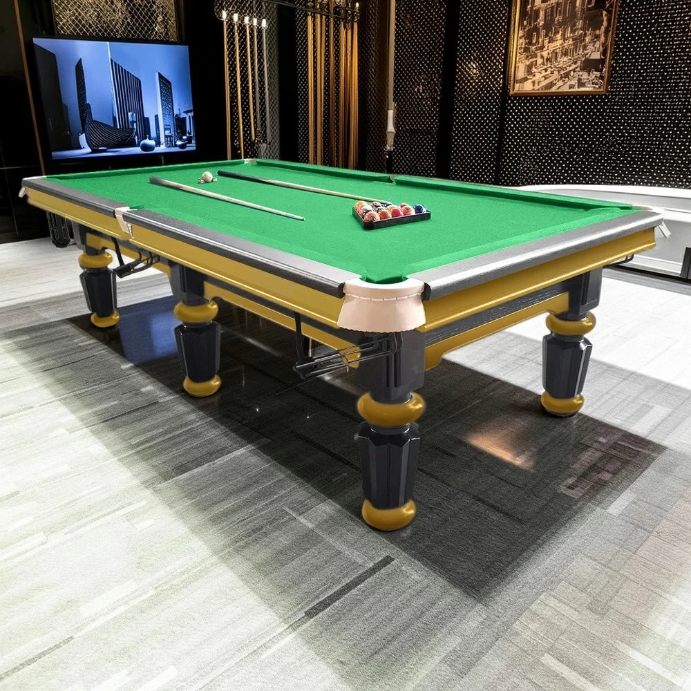 QUESLA 4.5cm Thickness Slate 9FT Steel Handrail Luxury Pool Snooker Billiard Table with Elegant Brass Detailing