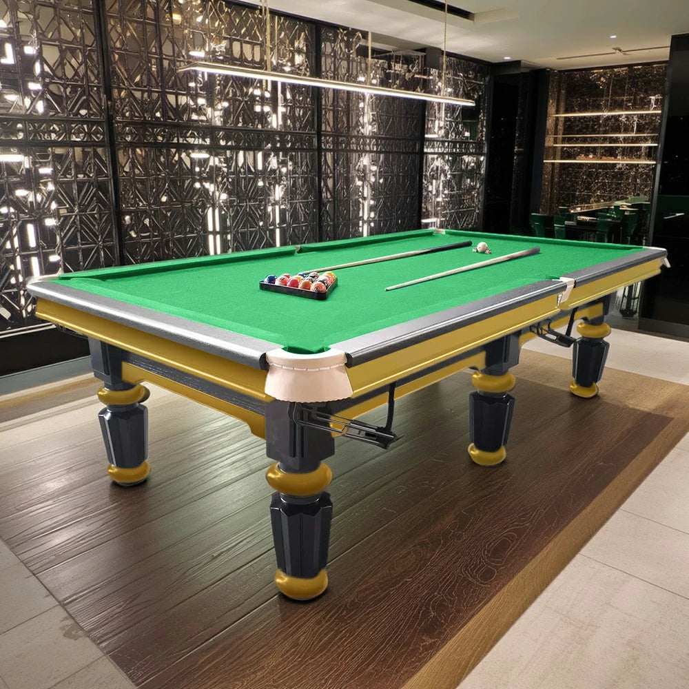 QUESLA 4.5cm Thickness Slate 9FT Steel Handrail Luxury Pool Snooker Billiard Table with Elegant Brass Detailing