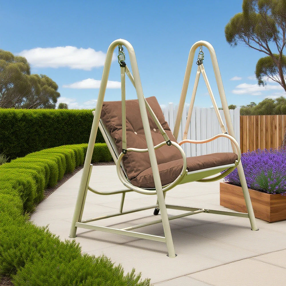 SOLARA Single Swing Chair - Sturdy Alloy Frame, Solid Wood Seat with Soft Cushion & Pillow, 100cm Outdoor Hanging Chair - Brown